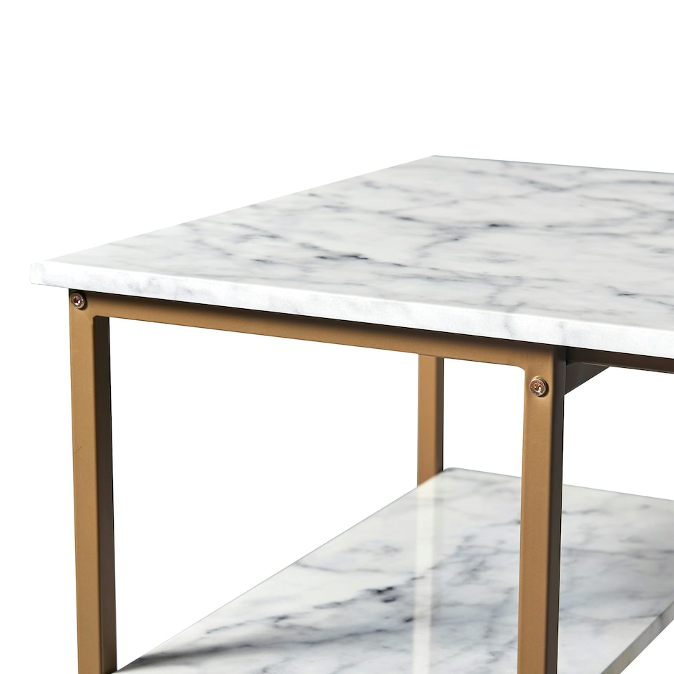 image 1 of Teamson Home Marmo Modern Marble-Look Breakfast Table Set with 2 Stools and Storage, Marble/Brass