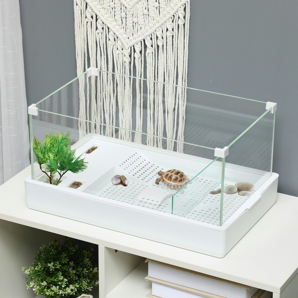 image 1 of PawHut Turtle Tank, Glass Tank w/ Basking Platform, Reptile Habitat