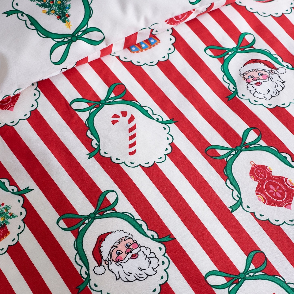 image 1 of Catherine Lansfield Christmas Vintage Stripe Reversible Duvet Cover Set