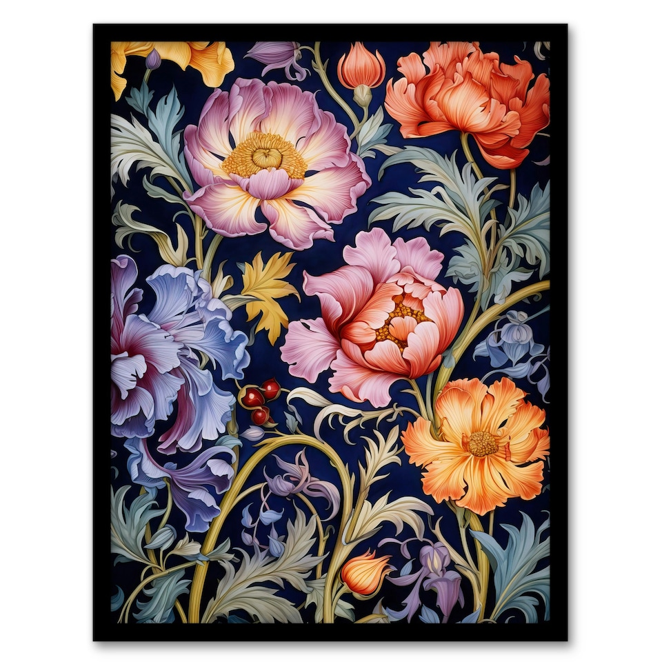 image 1 of Modern William Morris Style Elegant Anemone Black Framed Wall Art Print A4