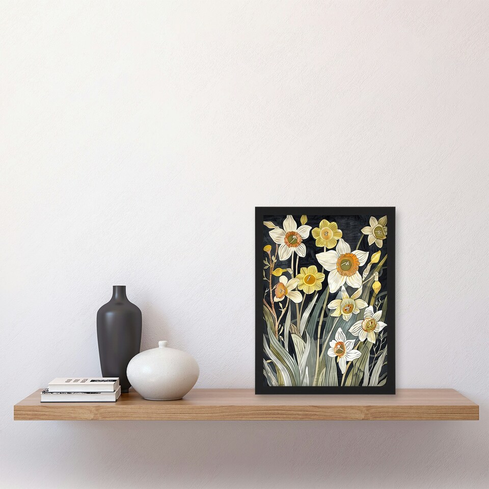 image 1 of Dark Daffodils Bloom Spring Floral Living Room Black Framed Wall Art Print A4