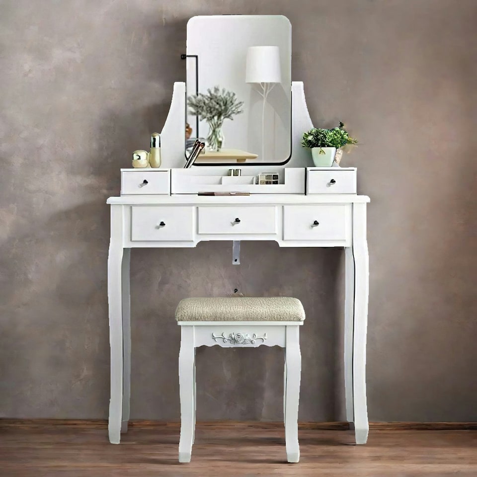 image 1 of 5 Drawer White Dressing Table With Mirror And Stool White