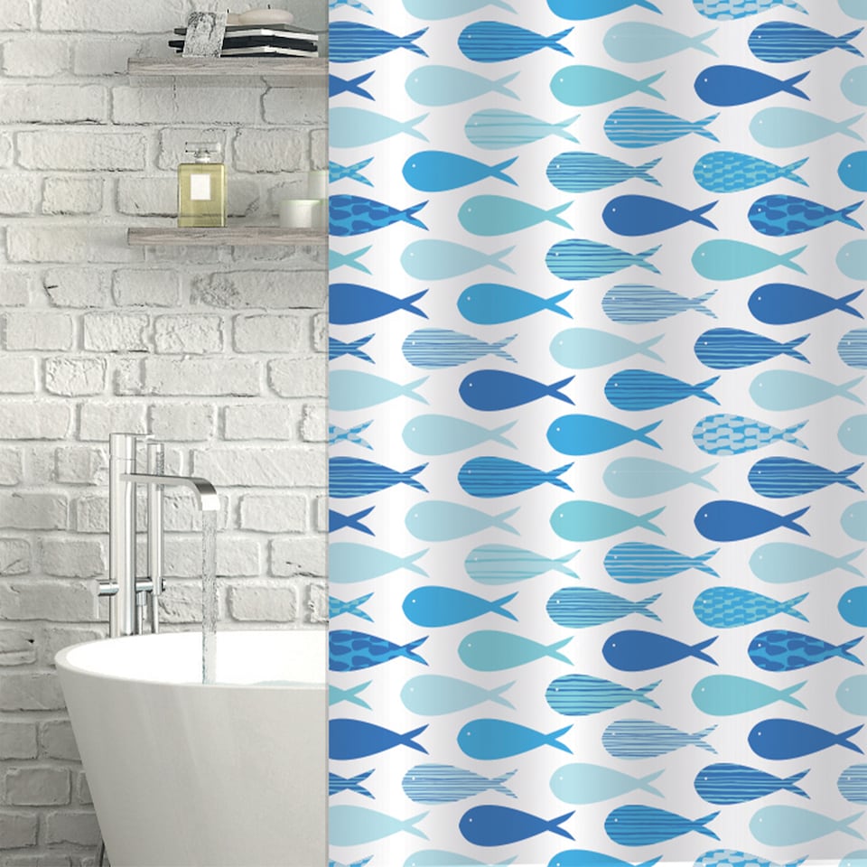 image 1 of Showerdrape Aquarium White & Blue Shower Curtain