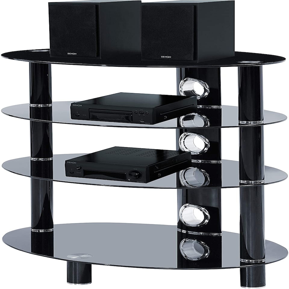 image 1 of Centurion Supports HALIGON 4-Shelf Oval Premium Gloss Black Glass with Black Legs AV Rack Black