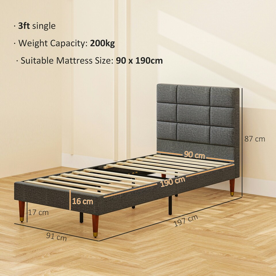 image 1 of HOMCOM 3ft Upholstered Single Bed Frame w/ Wooden Slat No Box Spring Needed