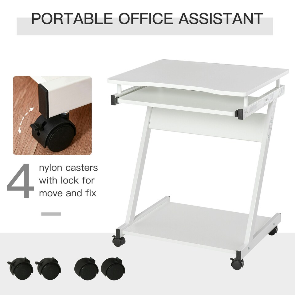 image 1 of HOMCOM Movable Computer Desk with 4 Moving Wheels Sliding Keyboard Tray White