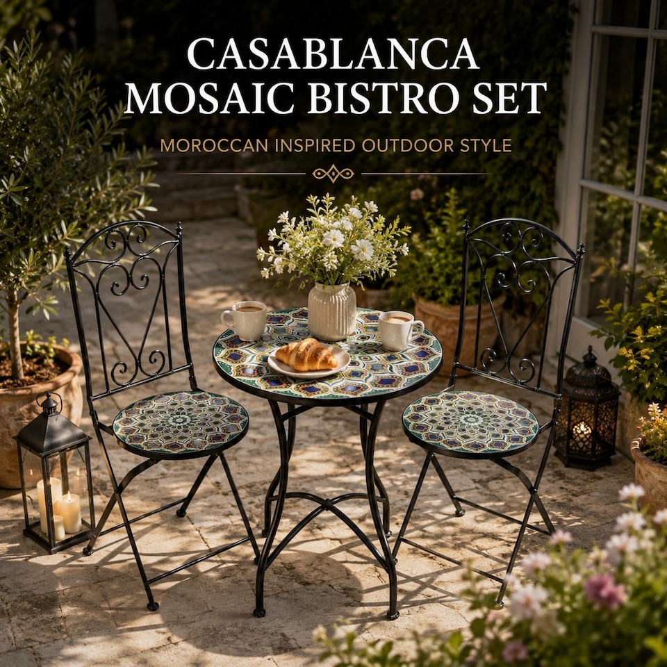image 1 of Mosaic Bistro Set with Round Table and Two Folding Chairs for Garden Patio Balcony and Outdoor Dining