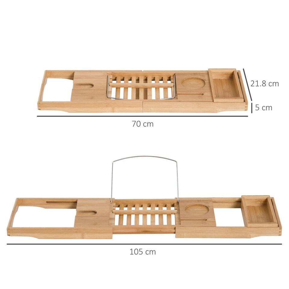 image 1 of HOMCOM Extendable Bath Tub Bathroom Tray Bathtub Caddy Shelf Wine Holder Book