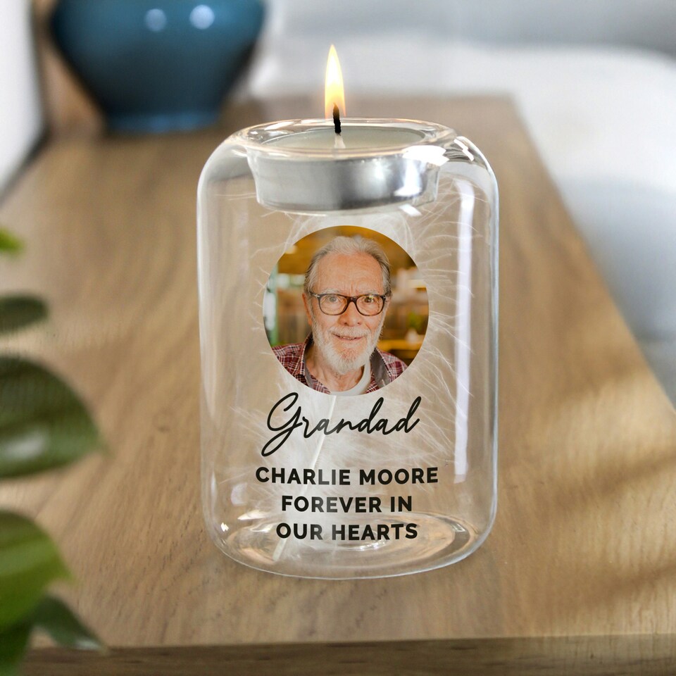 image 1 of Personalised Photo Upload Memorial Feather Tealight Holder Clear