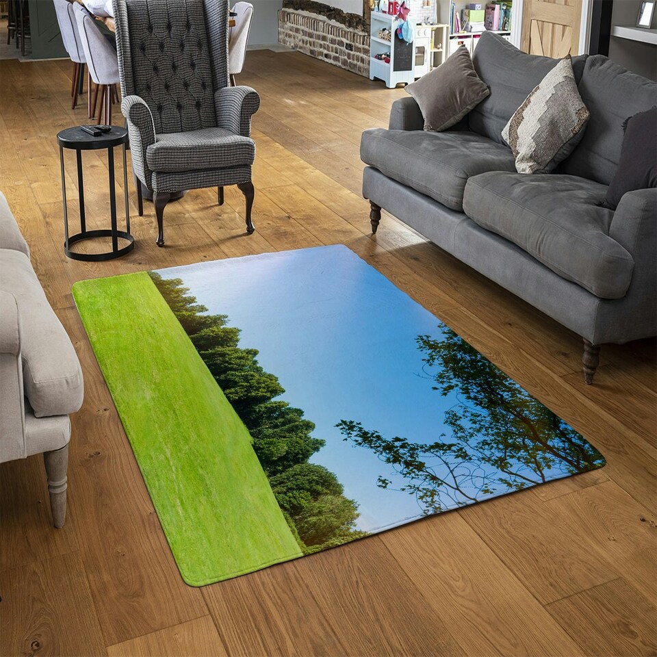 image 1 of Beauty landscape of grass field with forest trees and environment public park with sun rays (Rug) Blue | L
