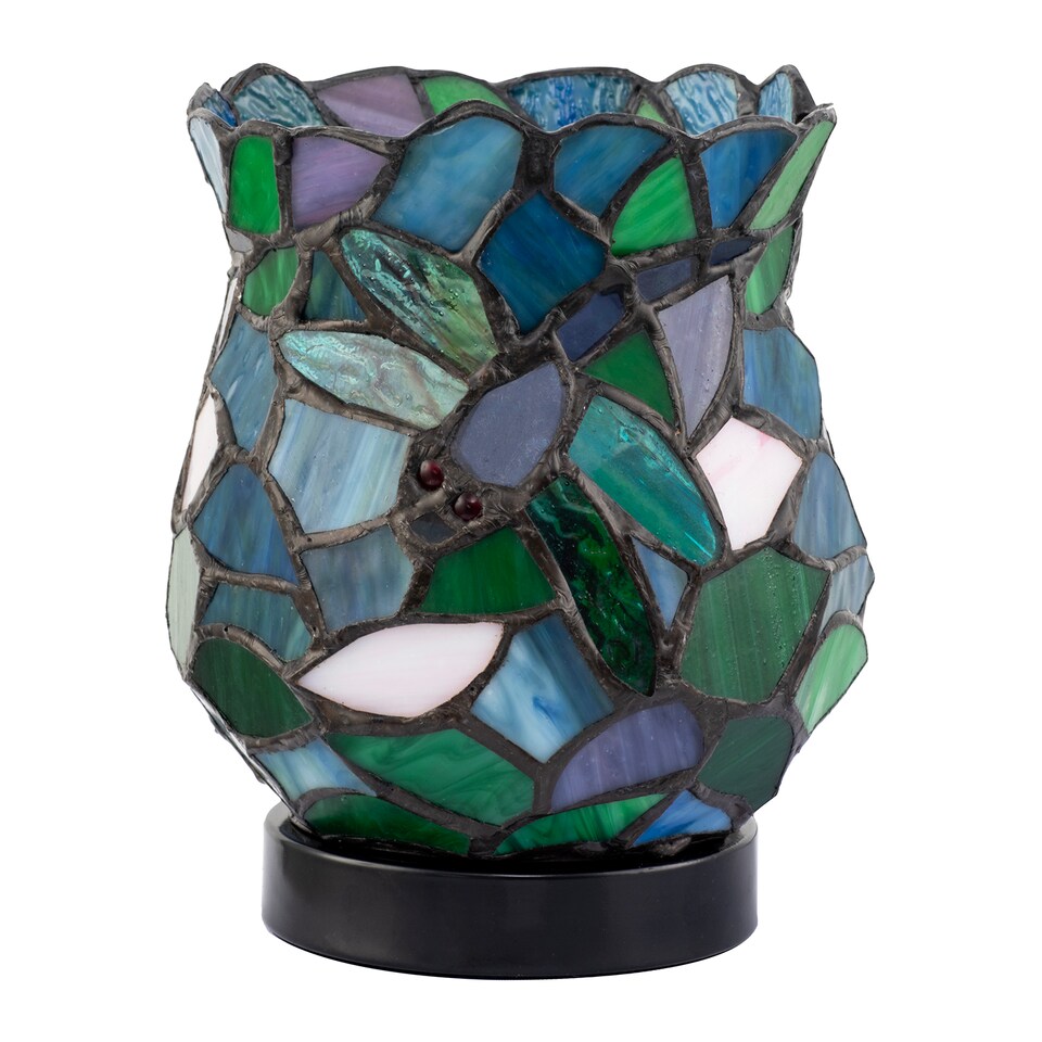 image 1 of Dragonfly Themed Open Top Blue and Green Stained Glass Tiffany Lamp
