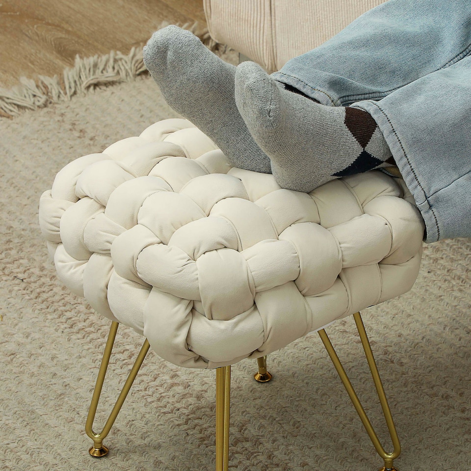 image 1 of HOMCOM Square Foot Stool, Woven Footrest Ottoman with Metal Legs, Padded Makeup Vanity Stool, Velvet Dressing Table Seat for Bedroom, Cream White | Cream | 1