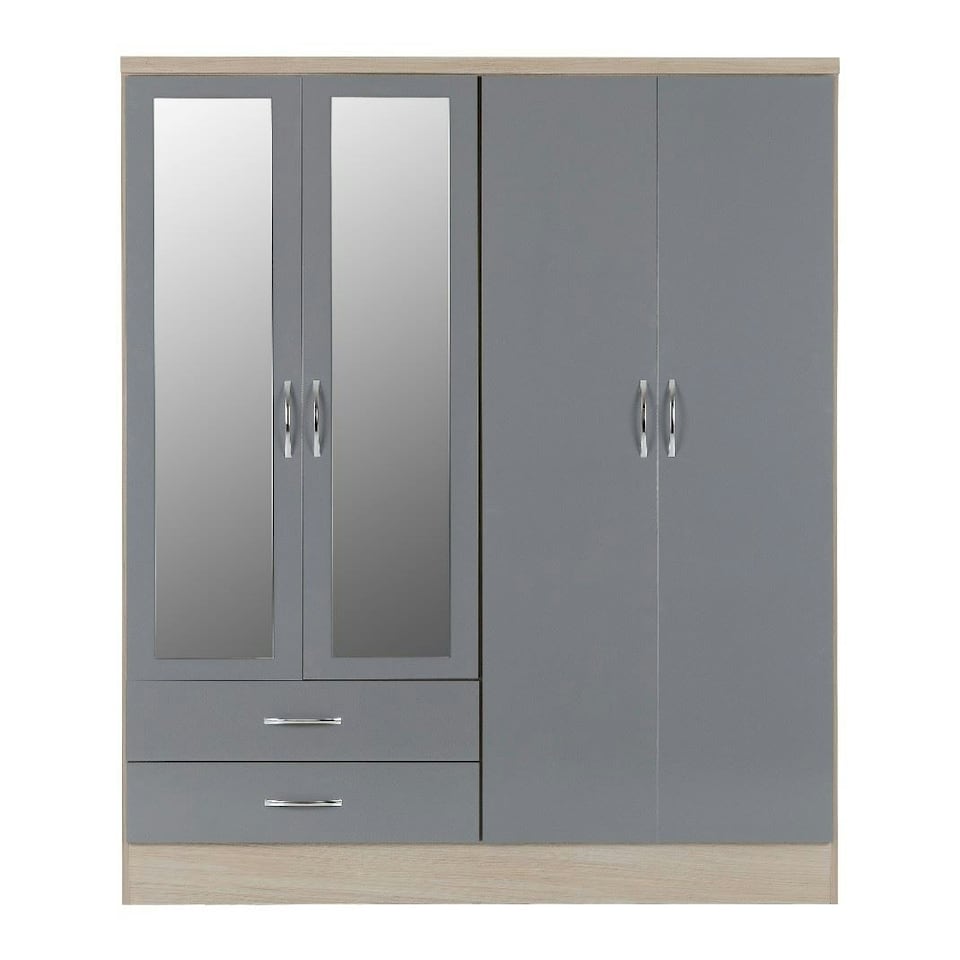 image 1 of Nevada 4 Door 2 Drawer Mirrored Wardrobe Grey