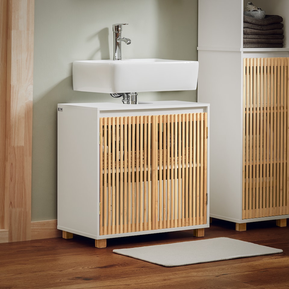 image 1 of SoBuy Under Sink Cabinet with 2 Bamboo Slatted Doors, White, 23.6x13.0x23.6 in, 11.5 kg - BZR125-W