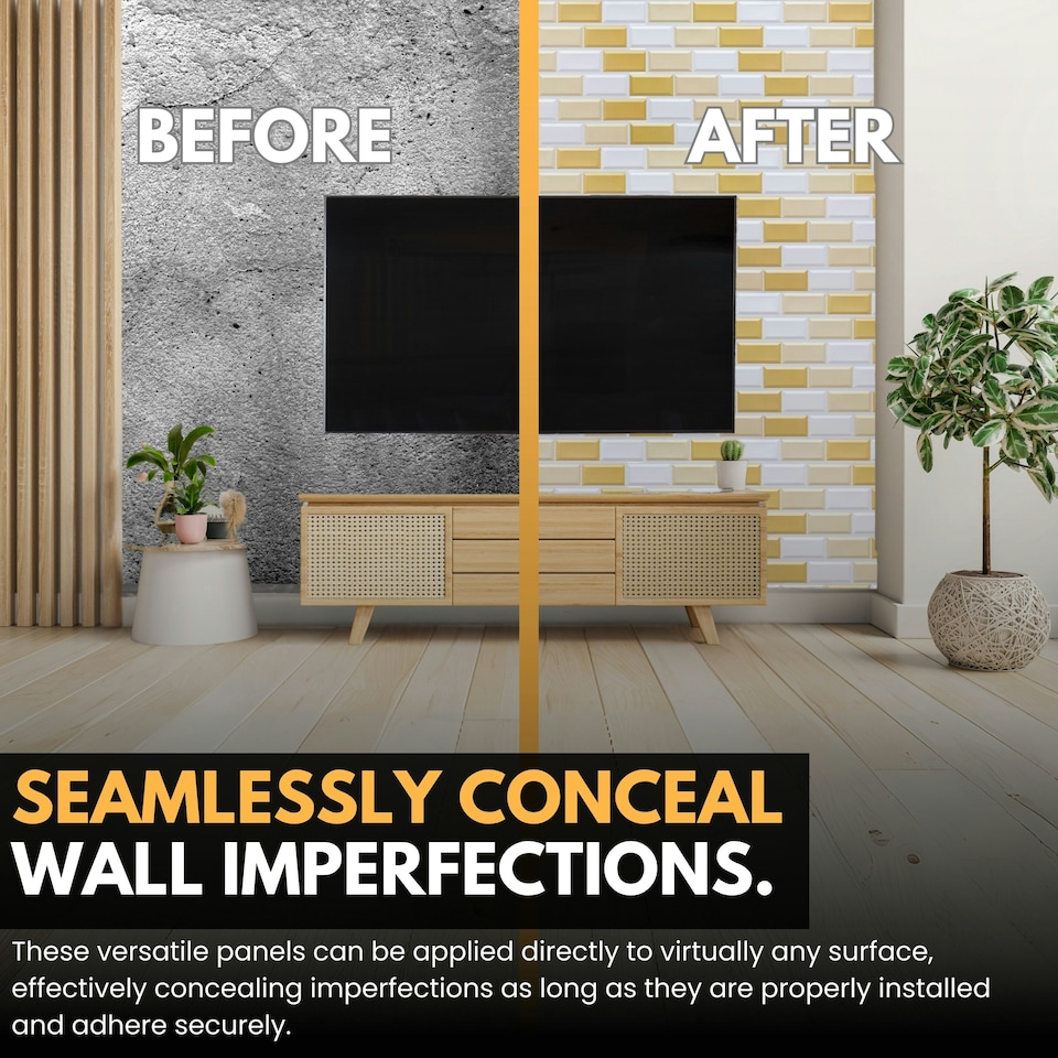 image 1 of NOVECRAFTO 3D Wall Panels – 6 PVC Sheets, Covers 2.76 sqm (29.76 sq ft), 96x48cm Each – White Subway Tile Pattern with Gold and Beige Accents