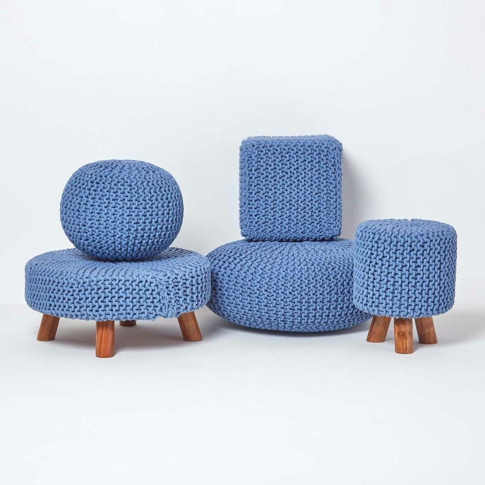 image 1 of Homescapes Blue Large Round Cotton Knitted Footstool on Legs