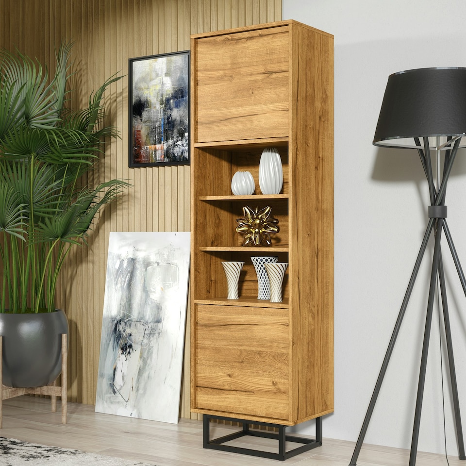 image 1 of Tall Display Cabinet 175cm – Oak Matt with Black Metal Frame & Hidden Storage N/A | Oak