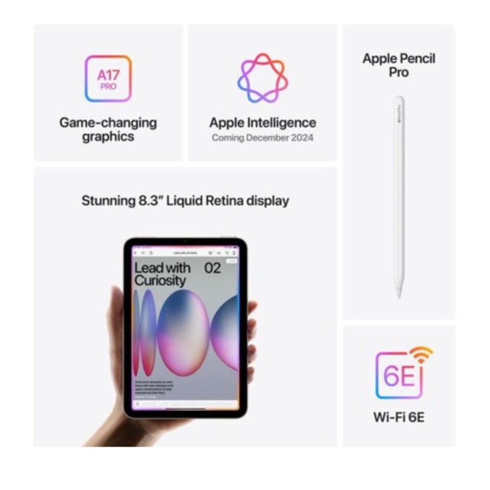 image 1 of Apple iPad Mini A2993 A17 Pro Chip 8.3" 128GB Storage WiFi Tablet - Space Grey Black | White | L