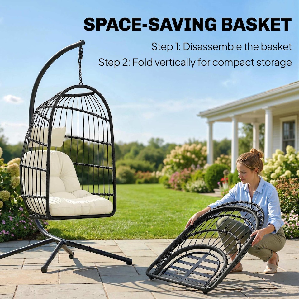 image 1 of Outsunny Hanging Egg Chair, Outdoor Swing Chair with Stand, Black/Cream | Black | Black/Cream White | One Size