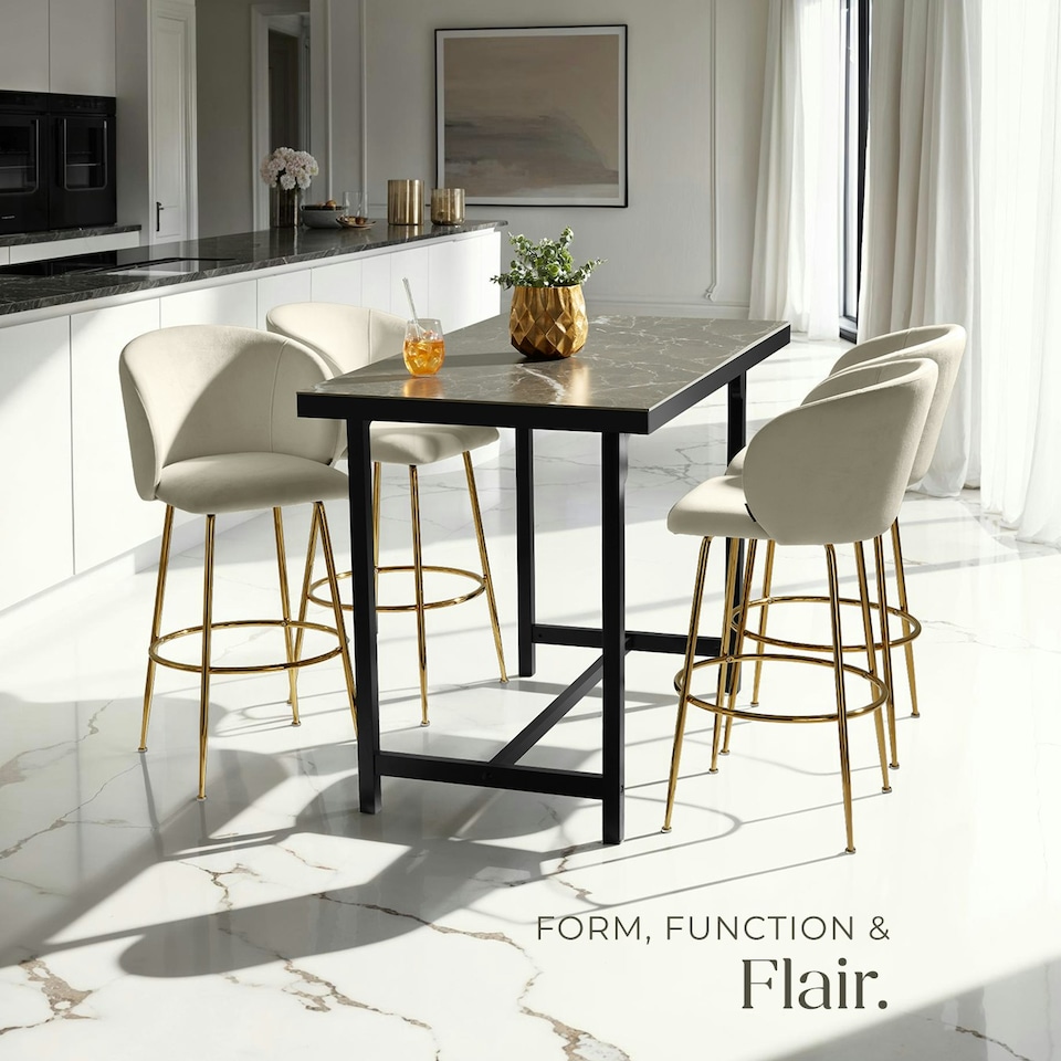 image 1 of Bar Stool Luana - with backrest, velvet look and padded - Set of 2 Cream | Gold