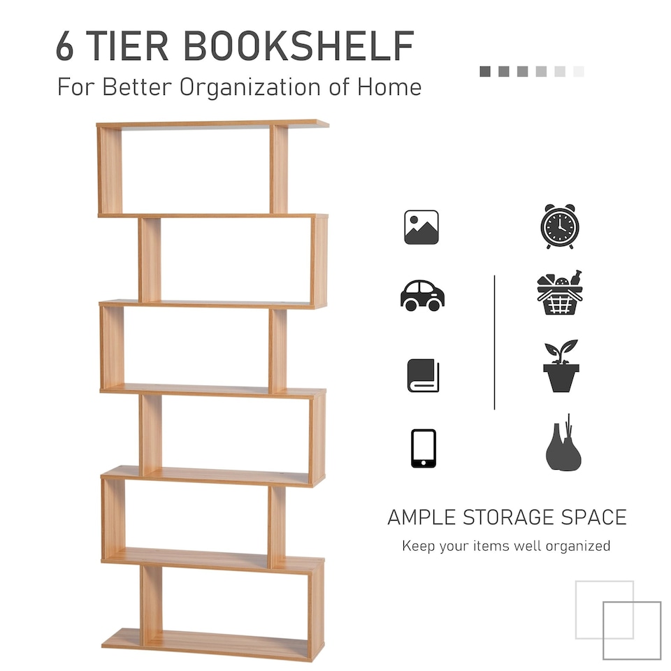 image 1 of HOMCOM 6-Tier Wooden Modern S-Shaped Shelf Storage Unit Home Office Maple Colour