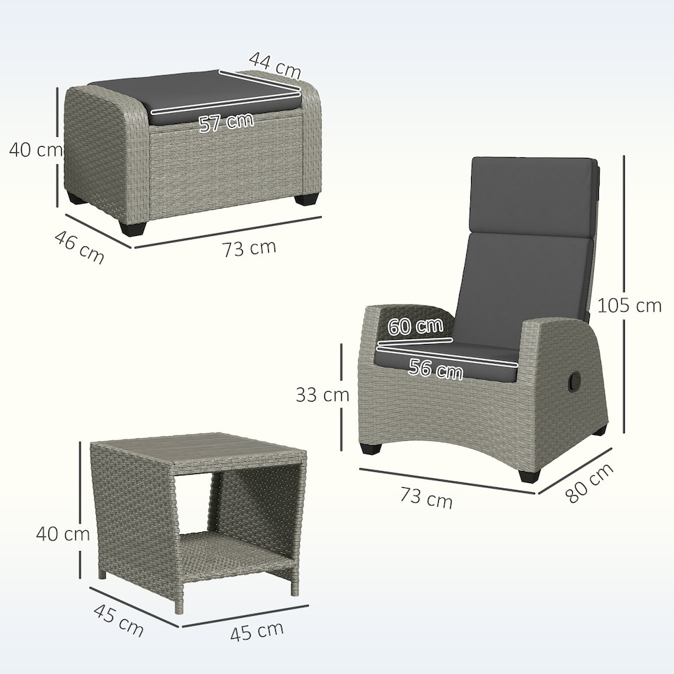 image 1 of Outsunny 5 Piece Rattan Garden Furniture Set, Garden Reclining Rattan Chairs Set of 2 with Wood-Plastic Composite Table, Footstools and Thick Cushions for Balcony, Patio, Charcoal Grey