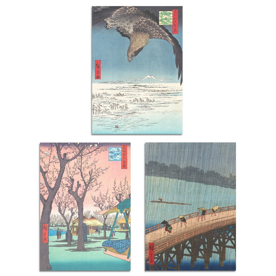 image 1 of Set of 3 Hiroshige Views of Edo Blue Green Japanese A4 Wall Art Prints | Blue