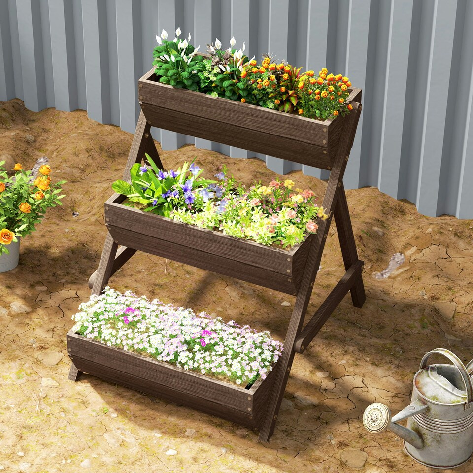image 1 of Outsunny 3 Tier Raised Garden Bed Wooden Elevated Planter Box Kit, Tan