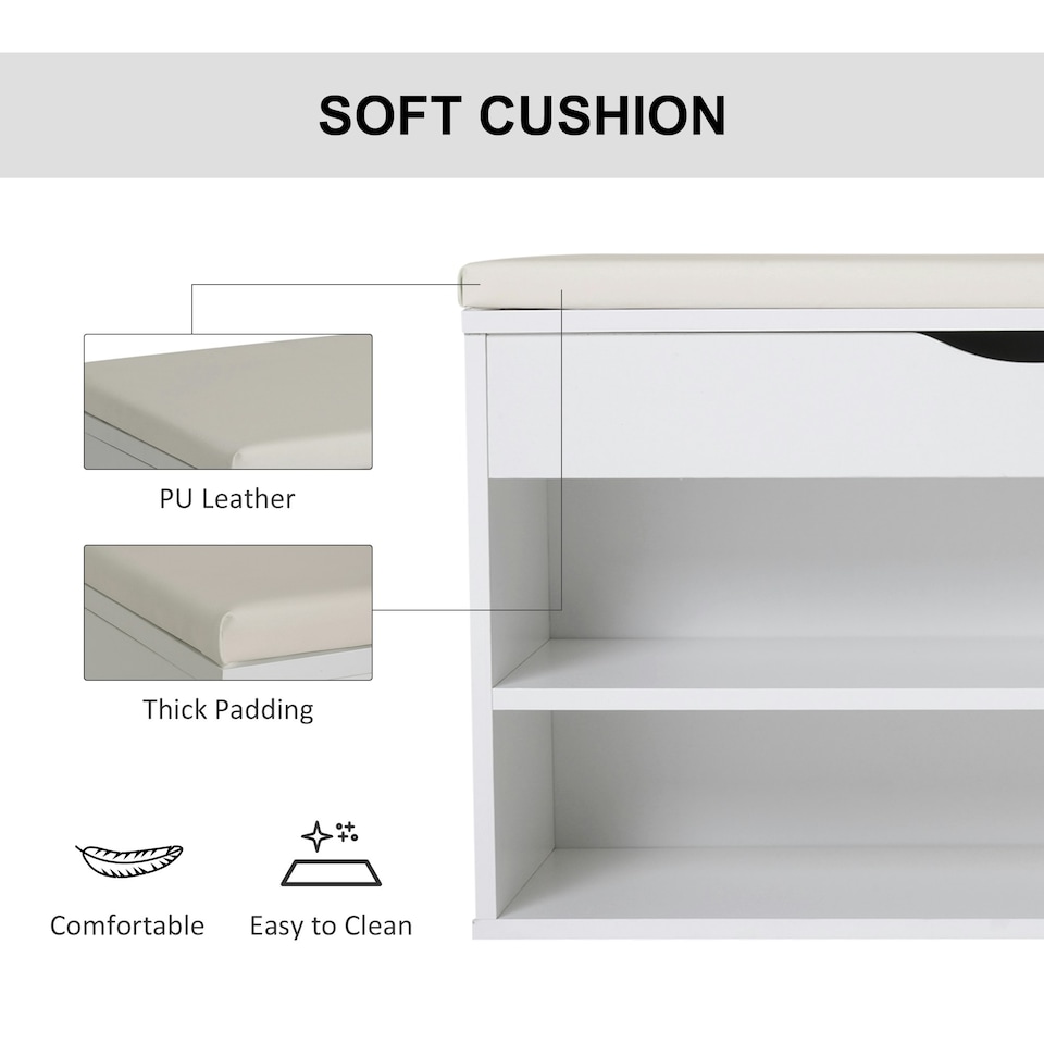 image 1 of HOMCOM Wooden Shoes Cabinet Bench Hidden Storage Padded Seat Organiser White