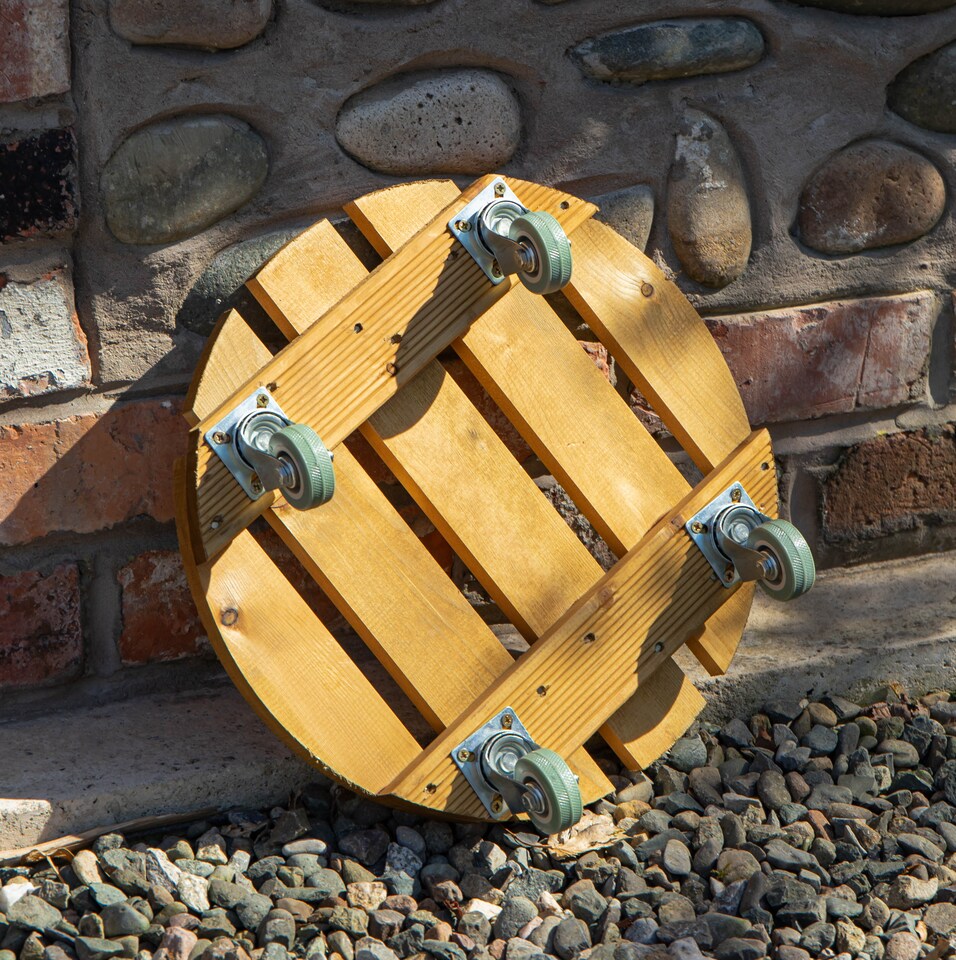 image 1 of Tom Chambers Handcrafted Heavy Duty Round Traditional Wood Garden Patio Plant Flower Pot Stand Caddy Trolley Dolly on Strong Metal Castor Wheels 40cm