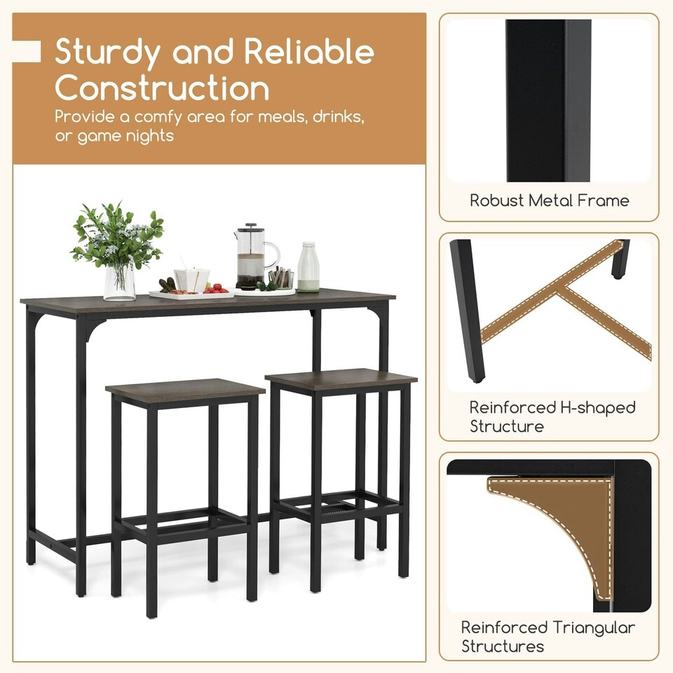 image 1 of COSTWAY 3Pcs Dining Table Set Counter Height Kitchen Gray Grey