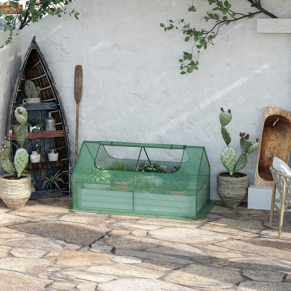 image 1 of Outsunny Raised Garden Bed Planter Box with Greenhouse, Large Window, Clear