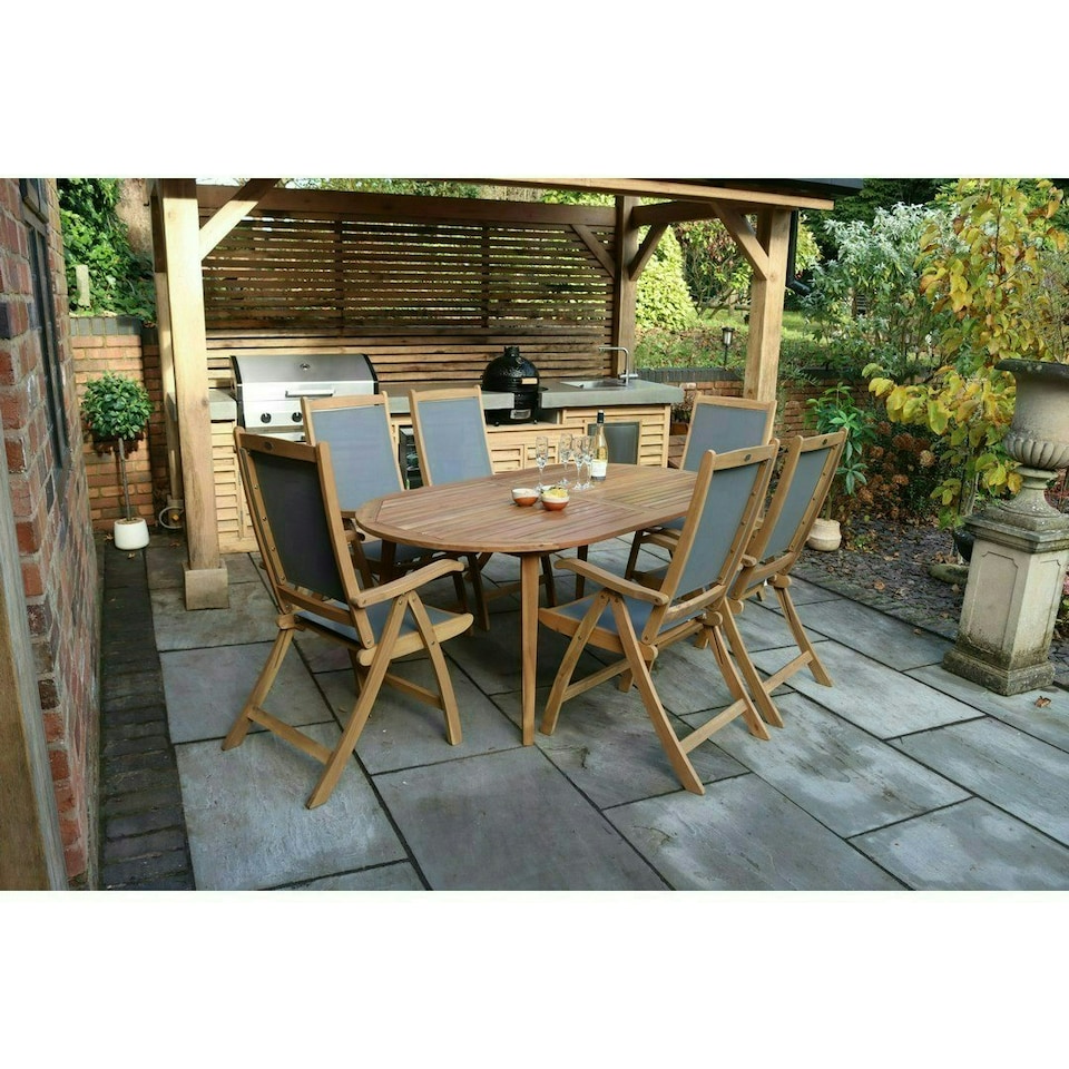 image 1 of Ellipse 6 Seater Dining Set with Folding High Back Armchairs and Fixed Leg Table - Acacia Hardwood