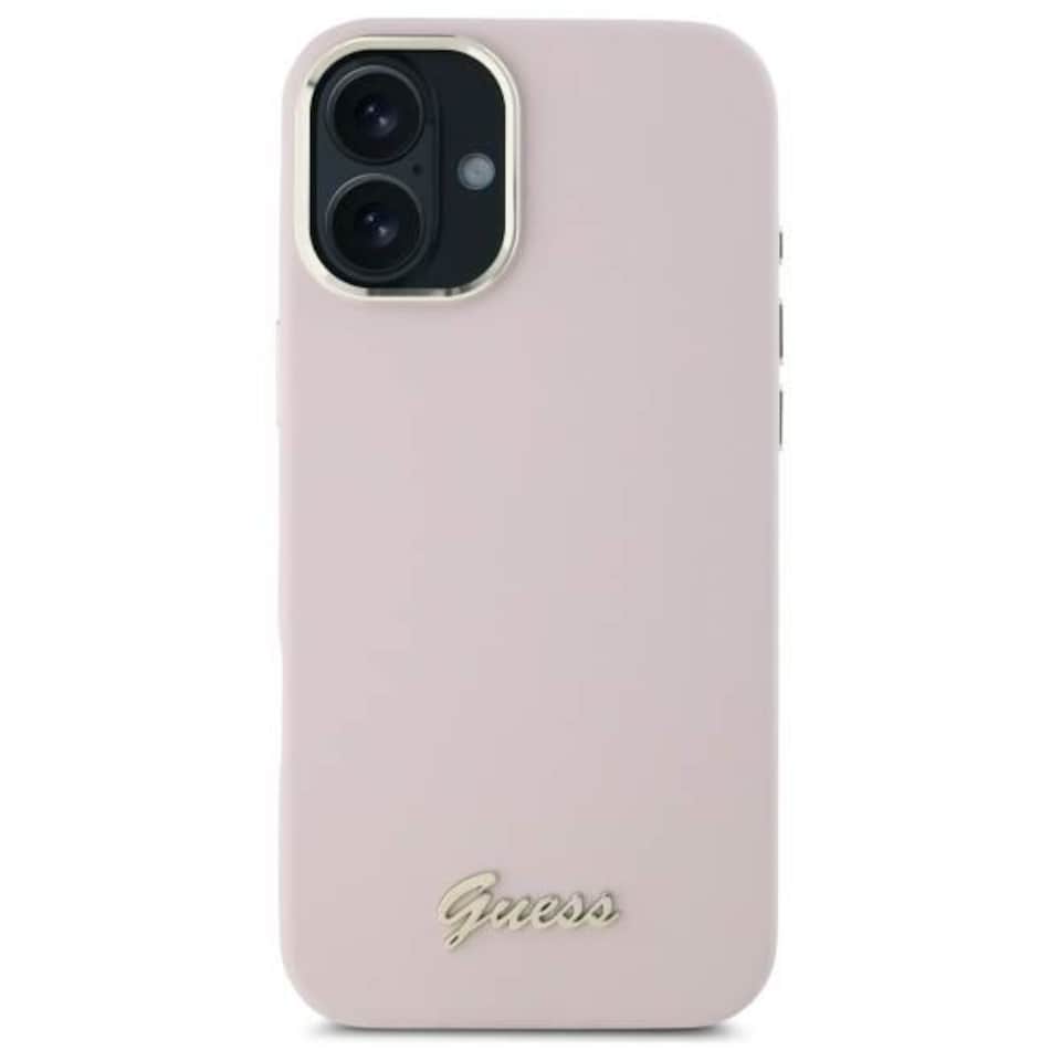 image 1 of Guess Script Metal Logo & Frame Silicone Case for iPhone 16 6.1 Pink - GUHCP16SSMBSLP