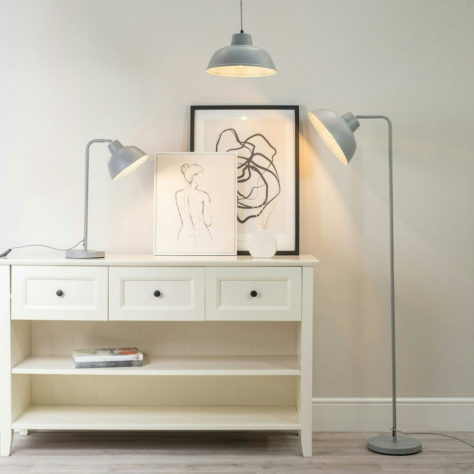 image 1 of ValueLights Morris Stone Grey Retro Dome Metal Freestanding Floor Lamp with LED Bulb