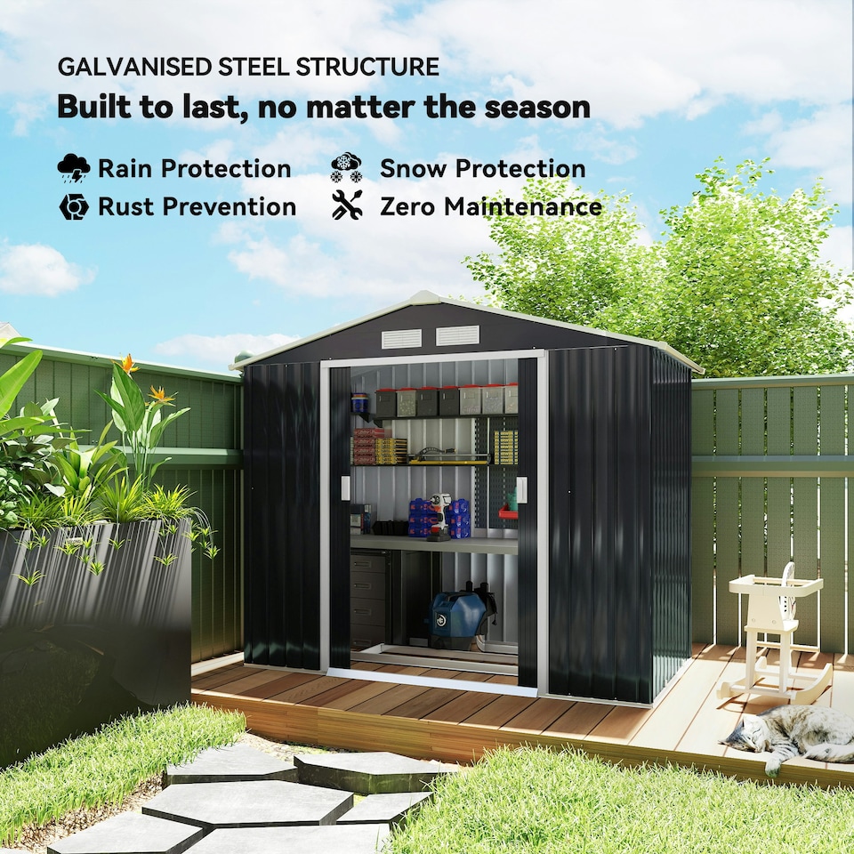 image 1 of Outsunny 7 x 4ft Garden Shed Storage with Foundation Kit and Vents, Dark Grey