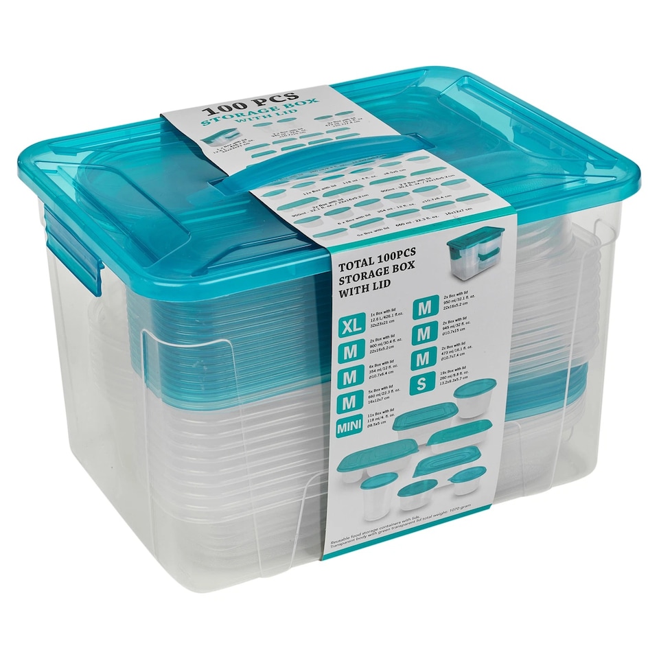 image 1 of 100 Pc Reusable Plastic Food Storage Boxes Containers Lid Microwave Freezer Safe