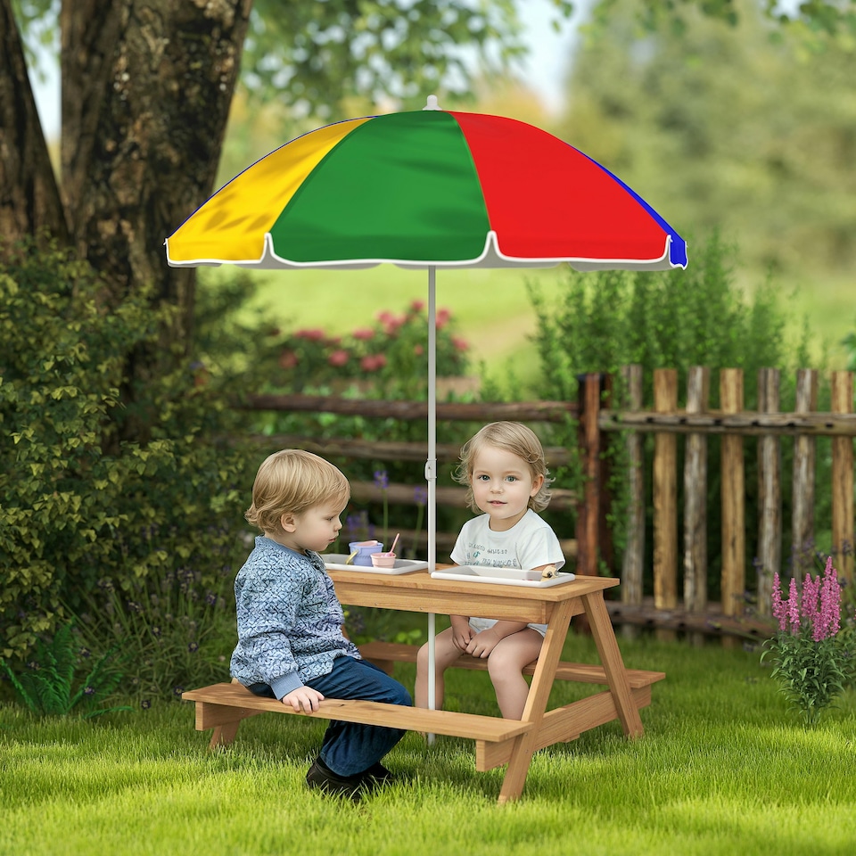 image 1 of AIYAPLAY Wooden Kids Picnic Table, Sand and Water Table w/ Benches, Parasol