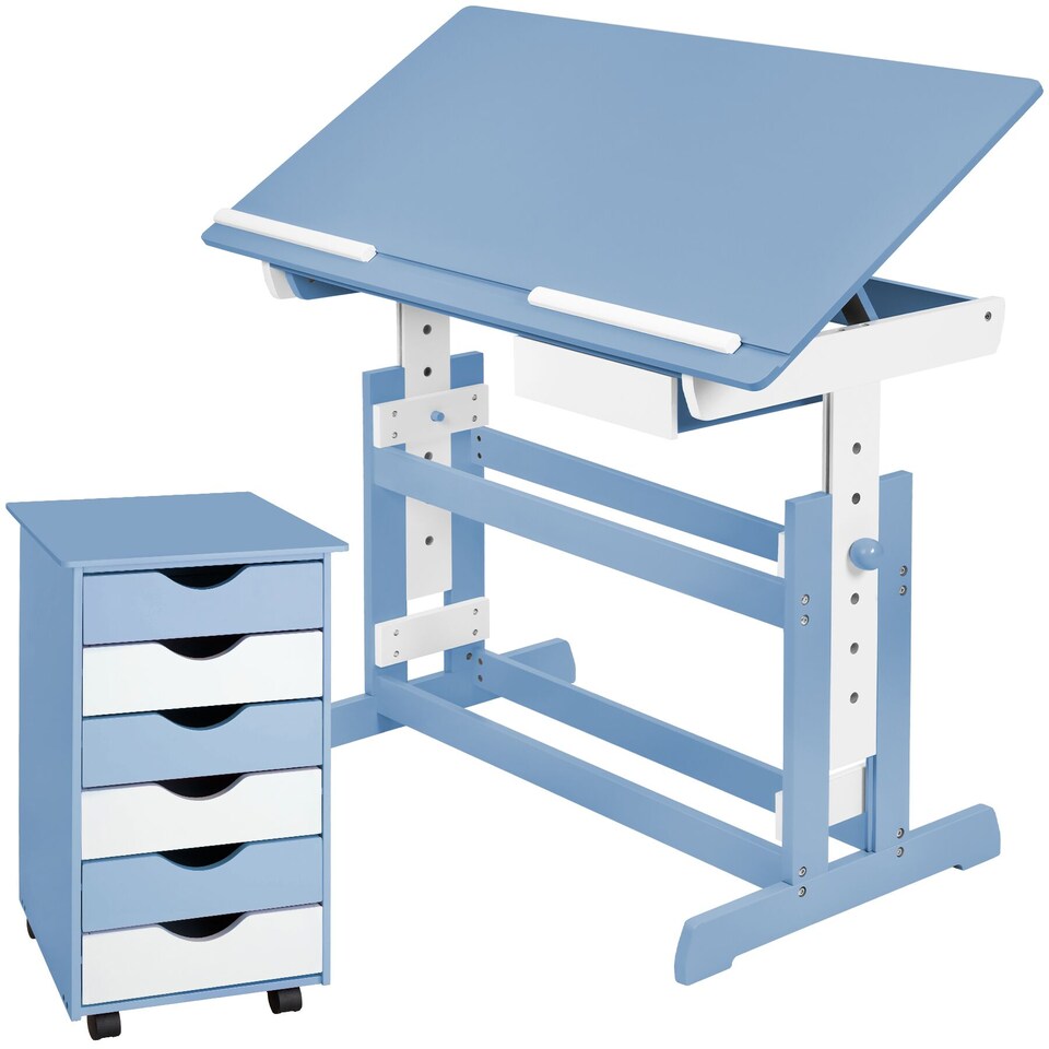 image 1 of Kids Study Desk And Filing Cabinet Set Childrens Play Room Furniture MDF In 2 Colours 7 Step Adjustable Height | Blue | blue | 109 x 55 x 94 cm | 1