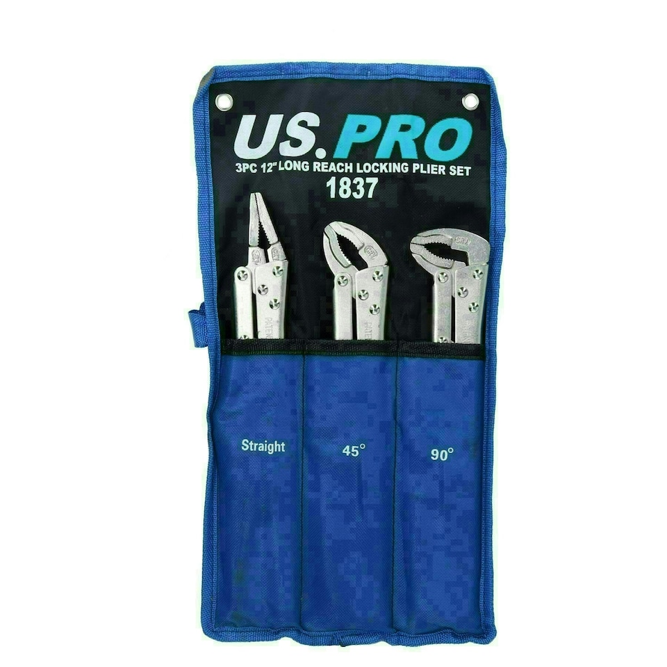 image 1 of 3pc Extra Long Nose 12" Adjustable Locking Pliers Mole Grips Straight 45° 90°