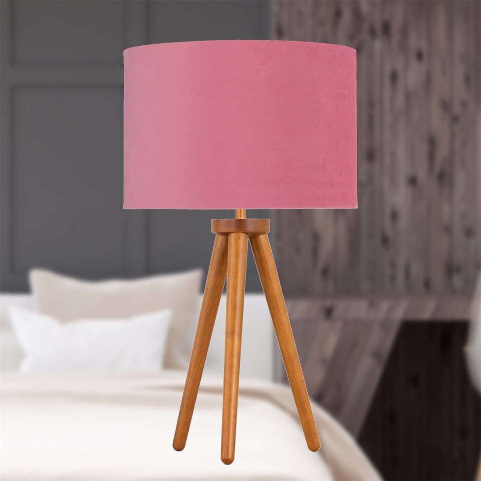image 1 of Set of 2 Dark Oak Table Lamp or Bedside Lights with Flamingo Shades | Brown | Pink | Large | 2