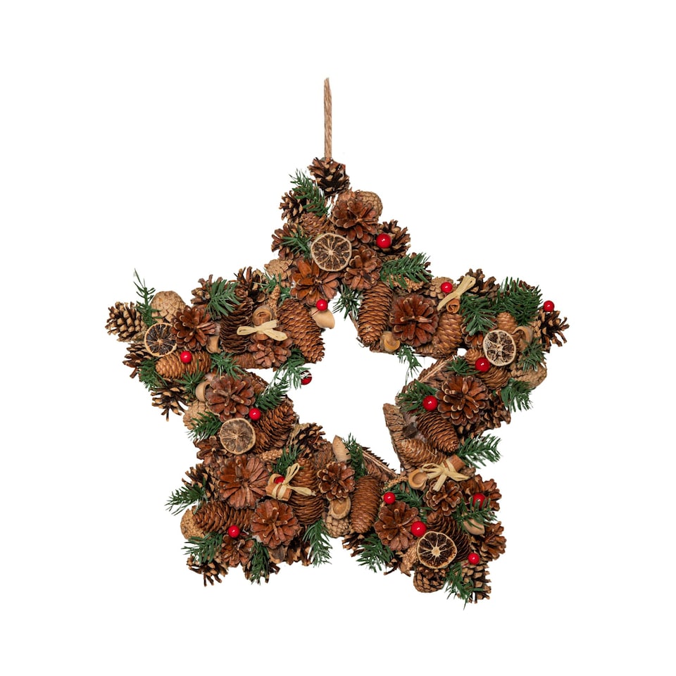 image 1 of 45cm Winter Spice Star Hanging Christmas Wreath with Pine Cones Red Berries & Dried Fruit