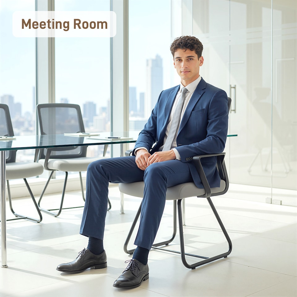 image 1 of HOMCOM Desk Chair No Wheels, Meeting Office Chair with Mesh Back, Lumbar Support, Metal Base and Armrests for Reception, Waiting Room, Conference Room, Dark Grey | Grey