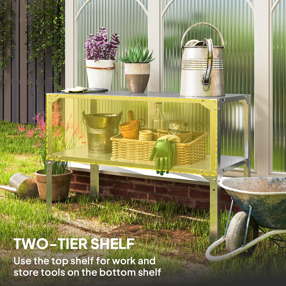image 1 of Outsunny 2 Tier Potting Bench Table, Galvanised Work Bench, Silver Tone