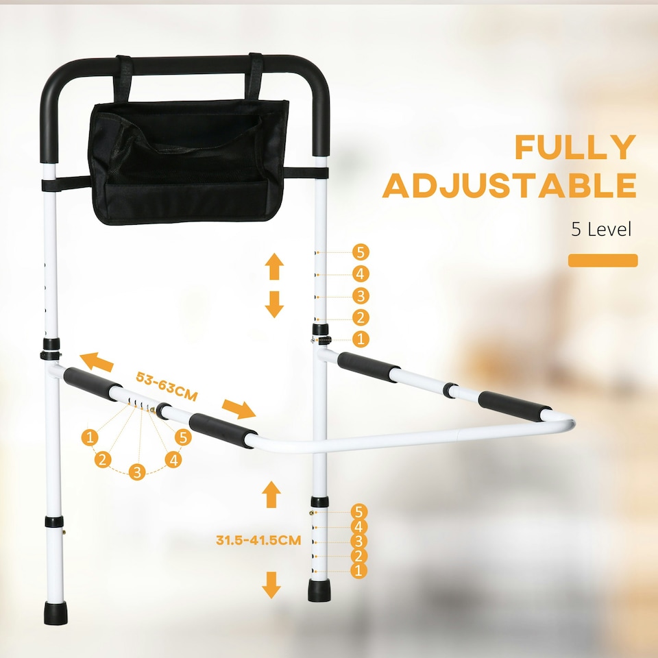 image 1 of HOMCOM Adjustable Bed Assist Rail Grab Bar for Senior and Disabled White