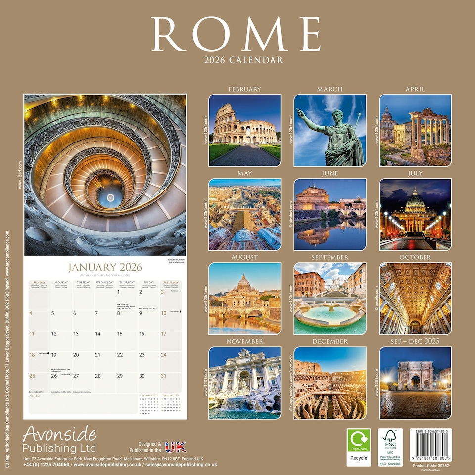 image 1 of Rome 2026 Calendar | Square Wall Calendar | Travel Gift | Plastic Free Packaging | by Avonside Publishing