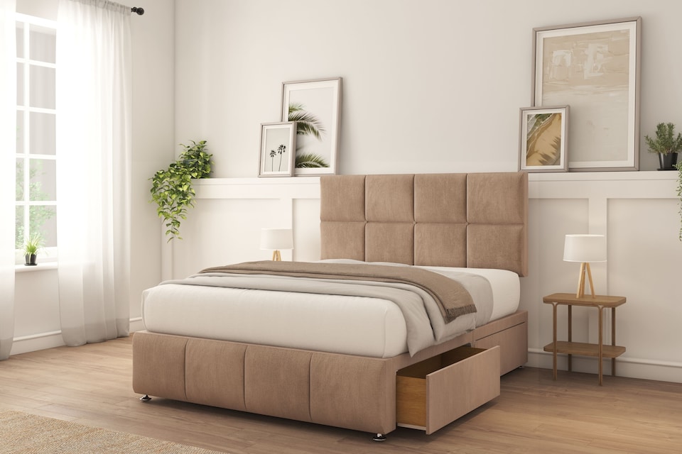 image 1 of Sloomy Sterling Mink Naples Divan Bed With Mattress 2 Drawers Right 26" Strutted Headboard & 12" Footboard 4'6 Double