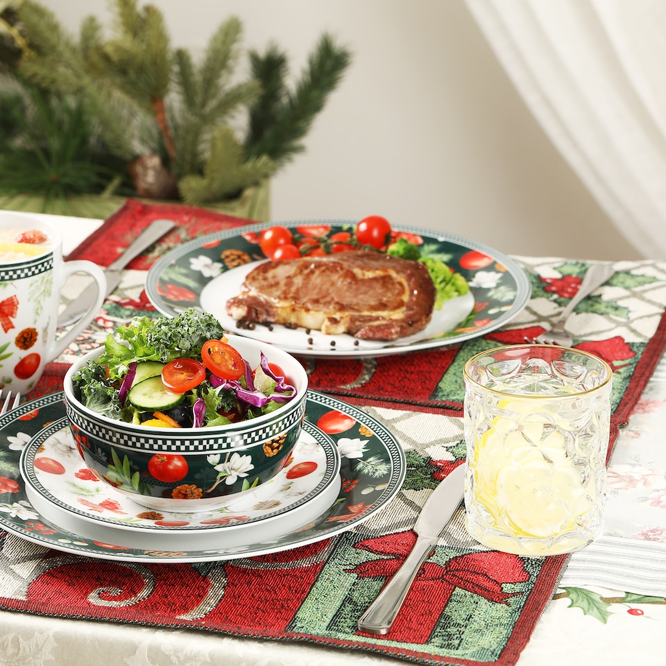 image 1 of simpa 24PC Christmas Flora Orchard Ceramic Dinner Set.