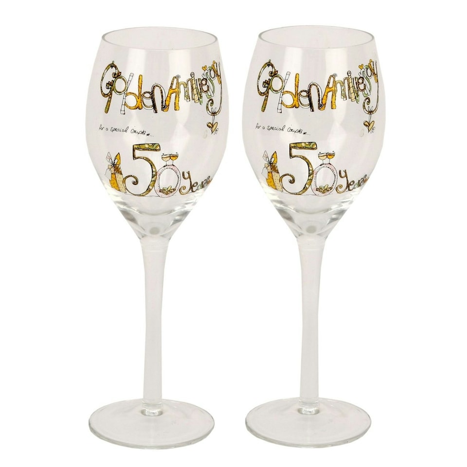Tracey Russell Pair Wine Glasses 50th Anniversary