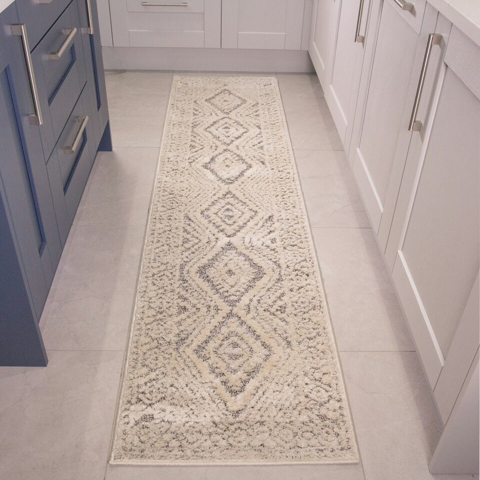 image 1 of KUKOON Grey Cream Diamond Geometric Tufted Pile Runner Rug 60cm x 240cm